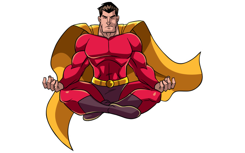 Download Иллюстрация "Superhero Meditating - Illustration" / Superhero Meditating - Illustration - Иллюстрация на тему графика man,hero,super,superhero,yoga,meditating,meditation,pose,position,lotus,zen,muscular,muscles,control,practice,yellow,red,costume,power,powerful
