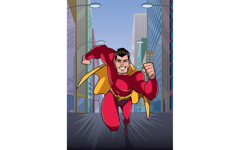 Download Иллюстрация "Superhero Running in City - Illustration" / Superhero Running in City - Illustration - Иллюстрация на тему графика man,hero,cape,superhero,super,running,fast,city,street,cityscape,boulevard,avenue,protection,muscles,muscular,costume,intervention,specialist,expert,savior