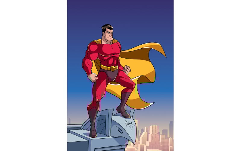 Download Иллюстрация "Superhero Watching City from Roof - Illustration" / Superhero Watching City from Roof - Illustration - Иллюстрация на тему графика superhero,super,hero,man,serious,angry,determined,brave,courageous,city,cityscape,sky,skyscraper,panoramic,view,tower,building,business,office,roof