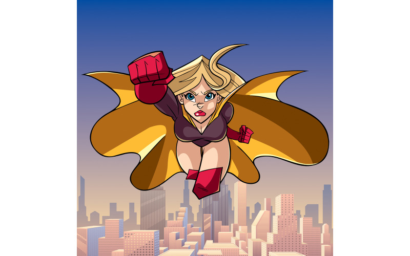 Download Иллюстрация "Superheroine Coming at You in City - Illustration" / Superheroine Coming at You in City - Illustration - Иллюстрация на тему графика woman,hero,superhero,super,superheroine,heroine,girl,female,power,flying,sexy,fit,hot,powerful,energy,illustration,cartoon,character,sky,city