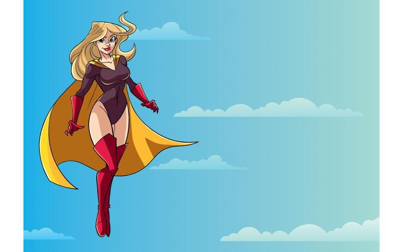 Download Иллюстрация "Superheroine Flying in Sky - Illustration" / Superheroine Flying in Sky - Illustration - Иллюстрация на тему графика woman,cape,superheroine,super,heroine,power,hero,superhero,flying,floating,sky,cloud,cloudscape,landscape,background,powerful,energy,illustration,cartoon,character