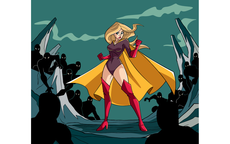 Download Иллюстрация "Superheroine Ready for Battle - Illustration" / Superheroine Ready for Battle - Illustration - Иллюстрация на тему графика woman,hero,cape,superheroine,battle,forces,dark,confrontation,alone,courage,courageous,brave,standing,power,protection,powerful,creatures,minions,mission,action