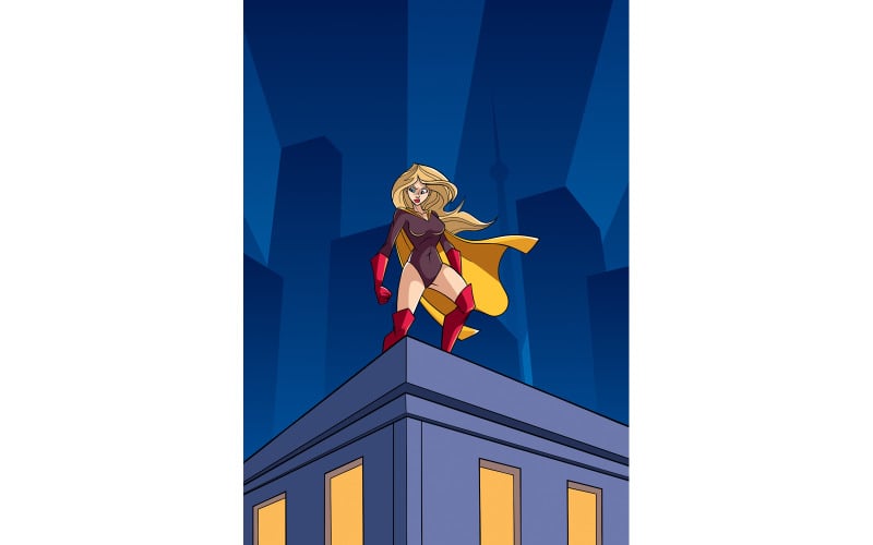 Download Иллюстрация "Superheroine Roof Watch - Illustration" / Superheroine Roof Watch - Illustration - Иллюстрация на тему графика superhero,super,hero,heroine,female,superwoman,woman,girl,teenage,teenager,city,cityscape,skyline,urban,scene,night,dark,skyscraper,tower,building