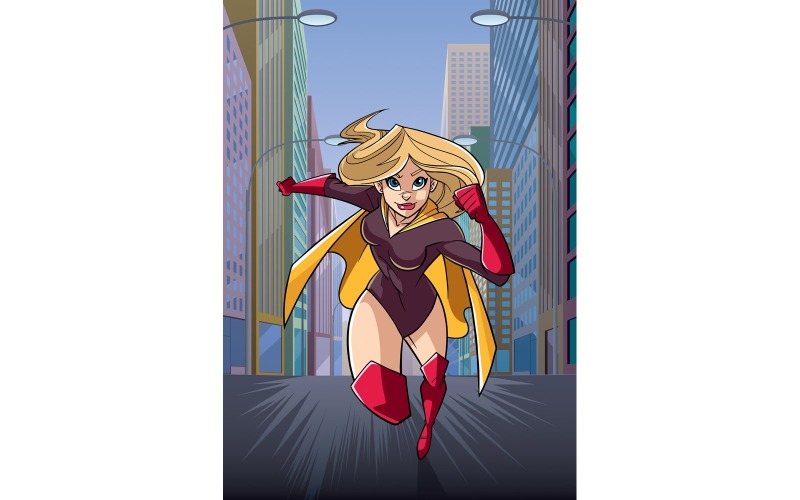 Download Иллюстрация "Superheroine Running in City - Illustration" / Superheroine Running in City - Illustration - Иллюстрация на тему графика hero,cape,superhero,woman,female,superheroine,super,heroine,running,fast,city,street,cityscape,boulevard,avenue,fit,sexy,protection,costume,intervention