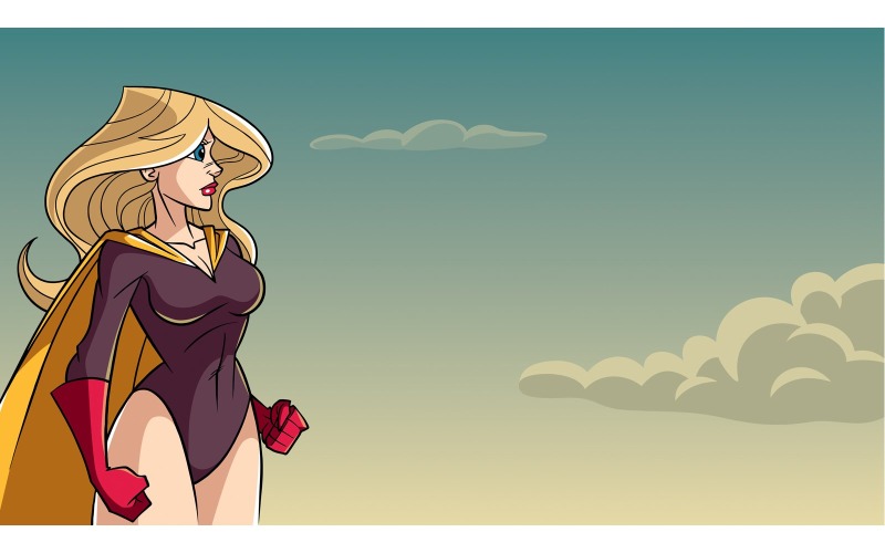 Download Иллюстрация "Superheroine Side Profile Sky Background - Illustration" / Superheroine Side Profile Sky Background - Illustration - Иллюстрация на тему графика woman,cape,superheroine,super,heroine,power,hero,superhero,side,profile,sky,cloud,cloudscape,landscape,background,powerful,energy,illustration,cartoon,character