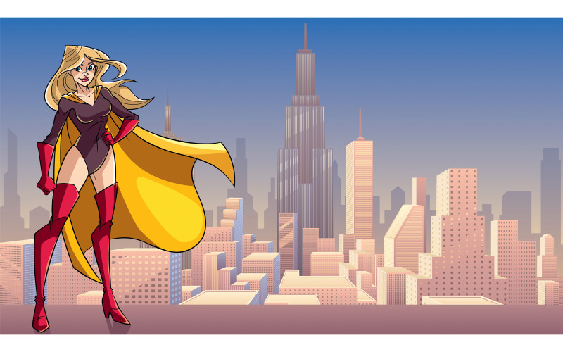 Download Иллюстрация "Superheroine Standing Tall in City - Illustration" / Superheroine Standing Tall in City - Illustration - Иллюстрация на тему графика superhero,super,hero,superheroine,heroine,woman,girl,female,power,comic book,comic,style,strength,strong,standing,tall,posing,model,roof,rooftop