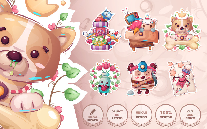 Download Иллюстрация "Set cute sticker - seamless pattern - Illustration" / Set cute sticker - seamless pattern - Illustration - Иллюстрация на тему графика fire hydrant,chicken,unicorn,wardrobe,chest of drawers,bone,bottle,tulip,mineral water,bear,pencil,letter,dog,puppy,bird,seamless,pattern,cartoon,character,illustration