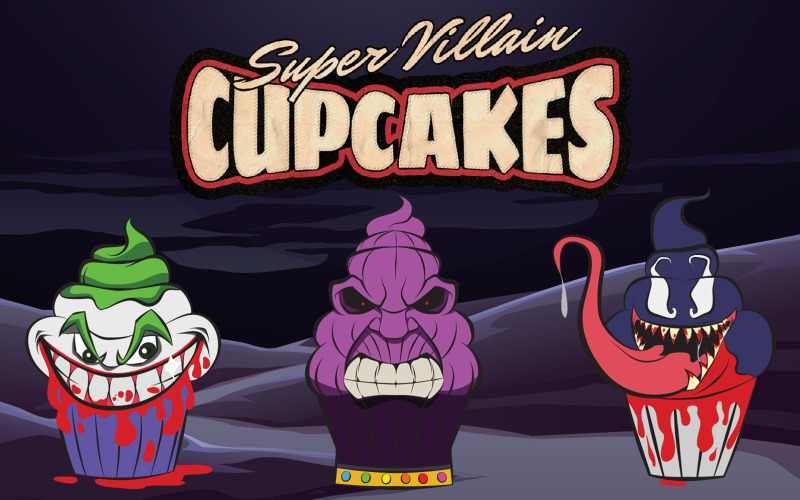 Download Иллюстрация "Super Villains Halloween Cupcakes Set for Restaurant or Bakery Menu - Illustration" / Super Villains Halloween Cupcakes Set for Restaurant or Bakery Menu - Illustration - Иллюстрация на тему графика marvel,dc,comics,comic,thanos,joker,venom,cupcakes,restaurant,bakery,illustration,poster,stickers,halloween,villain,super,hero,batman