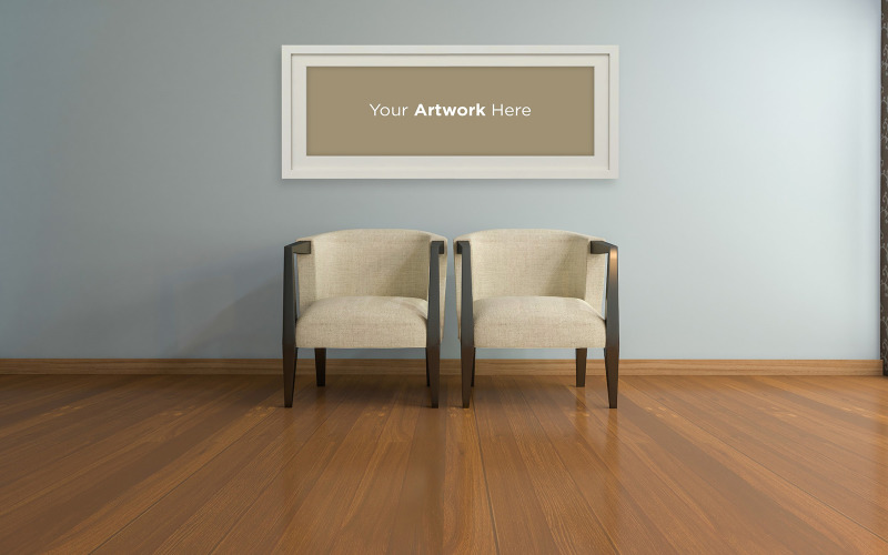 Cadeiras interiores de sala de estar e maquete de produto de design de moldura de foto vazia