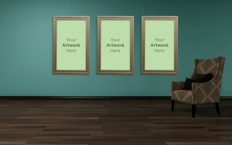 Download Мокап для продукта "Chair with three empty photo frames mockup in modern living room product mockup" / Chair with three empty photo frames mockup in modern living room product mockup - Мокап для продукта на тему графика couch,sofa,pillows,chair,living room,elegant,concept,green,lounge,up,mock,plant,3d rendering,minimalist,luxury,cozy,lifestyle,wooden,table,room