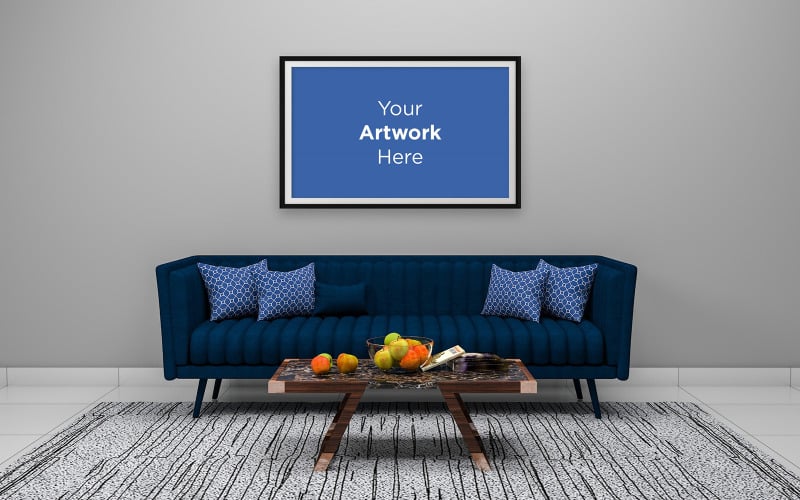 Интерьер гостиной синий диван с пустой фоторамкой макет дизайн продукта макет