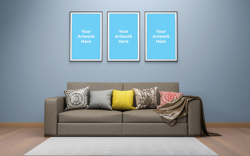 Download Мокап для продукта "Interior living room sofa with three empty photo frames mockup design product mockup" / Interior living room sofa with three empty photo frames mockup design product mockup - Мокап для продукта на тему графика couch,sofa,pillows,chair,living room,elegant,concept,green,lounge,up,mock,plant,3d rendering,minimalist,luxury,cozy,lifestyle,wooden,table,room