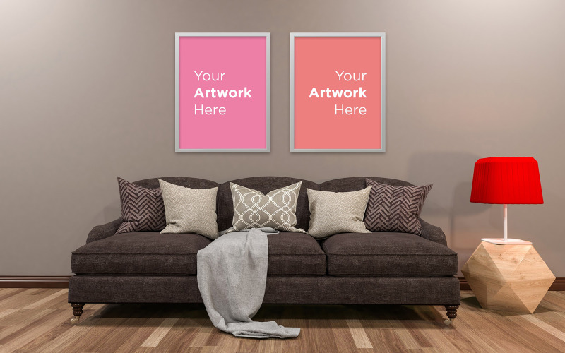 Living room interior couch with lamp and empty photo frame mockup design product mockup