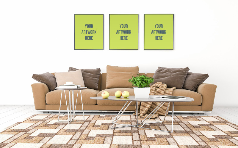 Maqueta realista de tres cuadros de 3d renderizado de maqueta de producto de sala de estar moderna interior