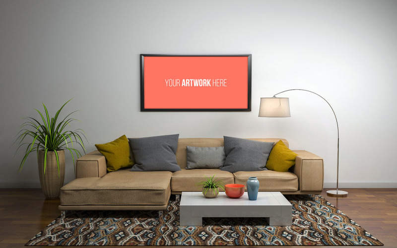 Modello di cornice per foto orizzontale in soggiorno moderno con divano 3d rendering prodotto mockup