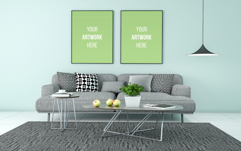 Download Мокап для продукта "Two vertical black photo frames mockup modern living room with grey sofa product mockup" / Two vertical black photo frames mockup modern living room with grey sofa product mockup - Мокап для продукта на тему графика couch,sofa,pillows,chair,living room,elegant,concept,green,lounge,up,mock,plant,3d rendering,minimalist,luxury,cozy,lifestyle,wooden,table,room