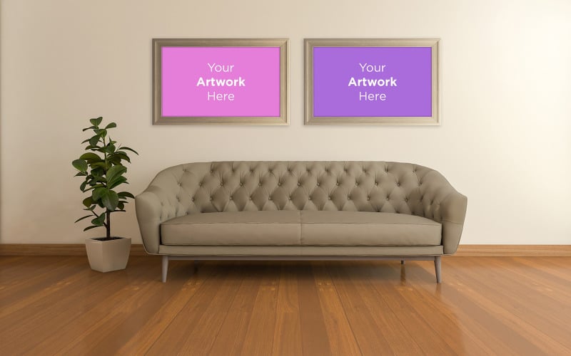 Download Мокап для продукта "Wooden floor living room interior two empty photo frame mockup design product mockup" / Wooden floor living room interior two empty photo frame mockup design product mockup - Мокап для продукта на тему графика couch,sofa,pillows,chair,living room,elegant,concept,green,lounge,up,mock,plant,3d rendering,minimalist,luxury,cozy,lifestyle,wooden,table,room