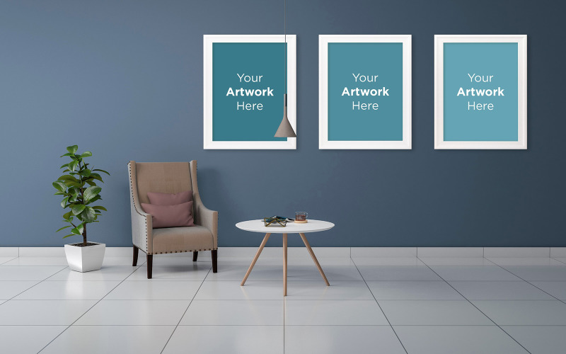 Chair with plant and three empty photo frame mockup on wall product mockup