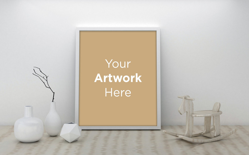 Decoración del hogar minimalista con maqueta de marco de fotos vacío en maqueta de producto de pared blanca