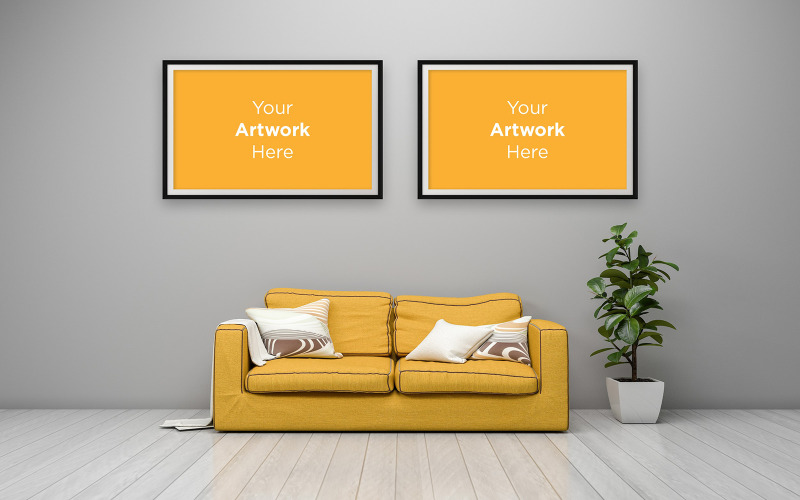 Due cornici vuote mockup con divano giallo in soggiorno, rendering 3D mockup del prodotto