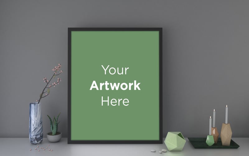 Download Мокап для продукта "Empty photo frame mockup beside candles with decor 3d rendering product mockup" / Empty photo frame mockup beside candles with decor 3d rendering product mockup - Мокап для продукта на тему графика livingroom,elegant,concept,up,mock,plant,minimalist,luxury,cozy,lifestyle,wooden,table,room,interior,design,home,living,modern,white,wall