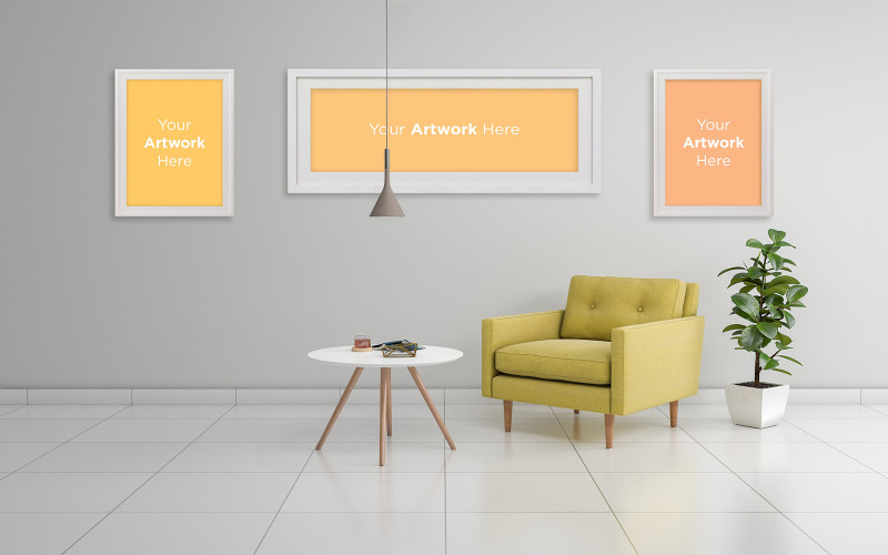 Empty photo frame mockup in interior with yellow chair and plant product mockup