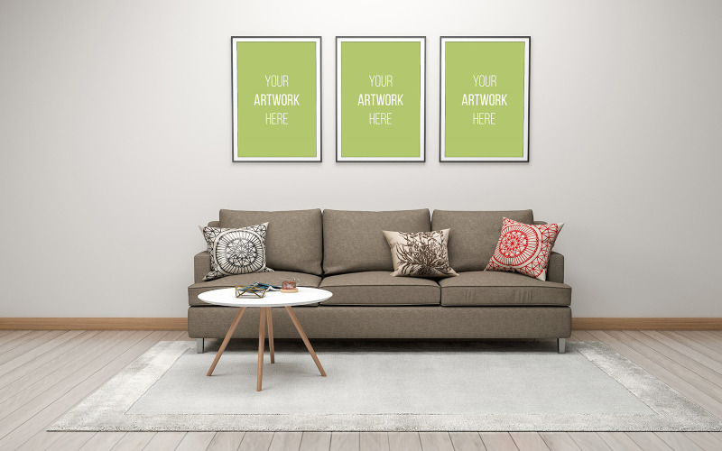 Download Мокап для продукта "Empty Photo frames mockup realistic in the modern living room product mockup" / Empty Photo frames mockup realistic in the modern living room product mockup - Мокап для продукта на тему графика couch,sofa,pillows,chair,living room,elegant,concept,green,lounge,up,mock,plant,3d rendering,minimalist,luxury,cozy,lifestyle,wooden,table,room