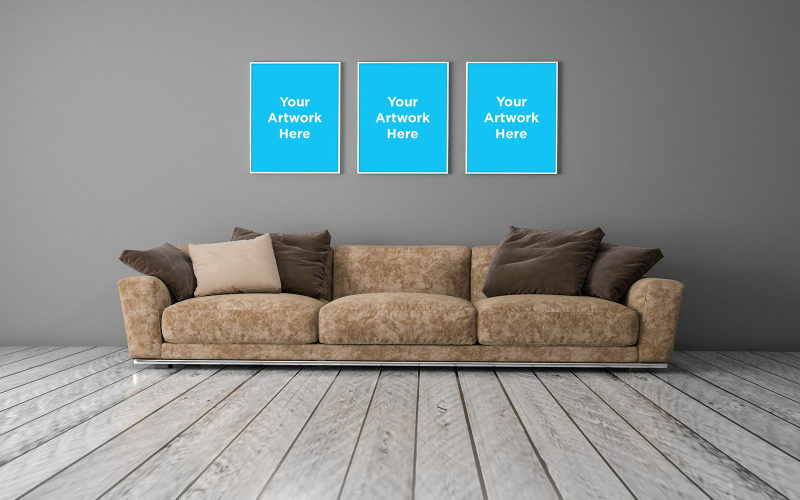 Hellbraunes Sofa mit drei Posterrahmenmodell im modernen Innenwohnzimmerproduktmodell