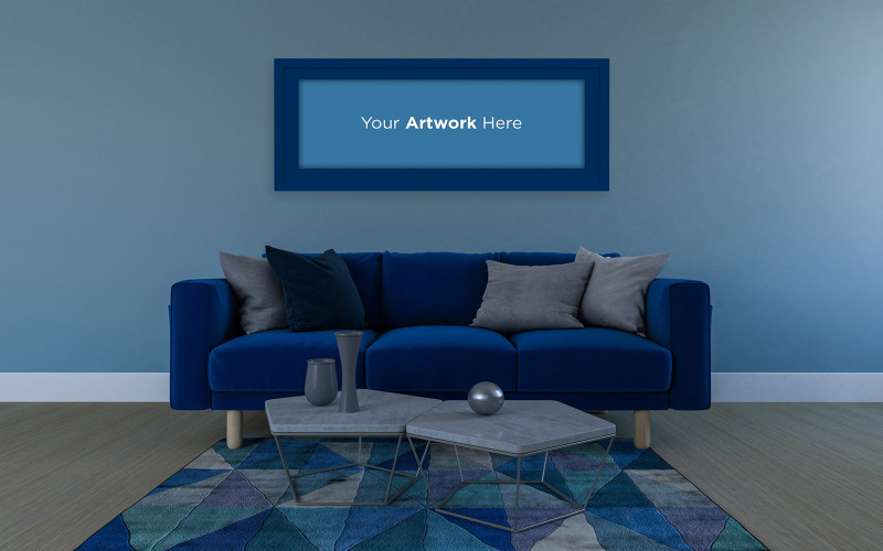 Horisontell mockup för fotoram med blå soffa och mockup för produktinredning för mattavardagsrum