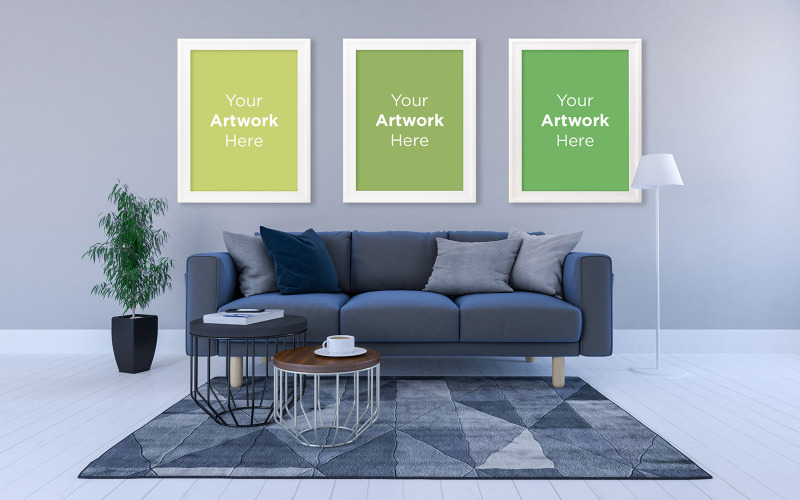 Interiér moderního obývacího pokoje s pohovkou tři fotorámeček maketa design produktu maketa