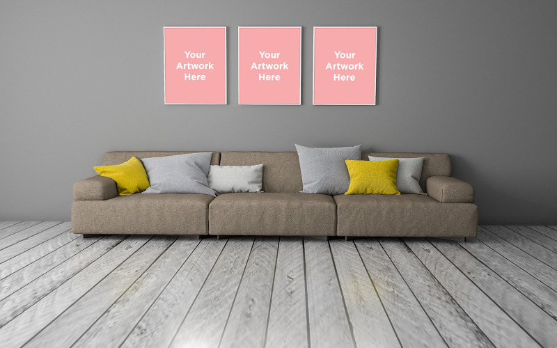 Interieur des modernen Wohnzimmers mit Sofa drei leere Fotorahmen Mockup Design Produkt Mockup