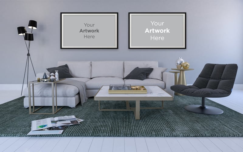 Download Мокап для продукта "Interior of modern living room with sofa lamps empty photo frame mockup design product mockup" / Interior of modern living room with sofa lamps empty photo frame mockup design product mockup - Мокап для продукта на тему графика couch,sofa,pillows,chair,living room,elegant,concept,green,lounge,up,mock,plant,3d rendering,minimalist,luxury,cozy,lifestyle,wooden,table,room