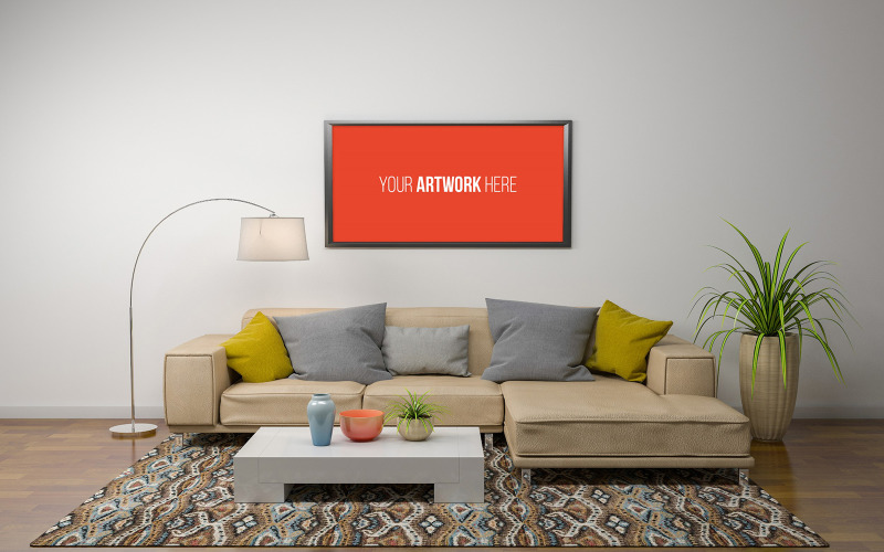 Download Мокап для продукта "Interior photo frame mockup with sofa, plant and lamp in living room product mockup" / Interior photo frame mockup with sofa, plant and lamp in living room product mockup - Мокап для продукта на тему графика couch,sofa,pillows,chair,living room,elegant,concept,green,lounge,up,mock,plant,3d rendering,minimalist,luxury,cozy,lifestyle,wooden,table,room