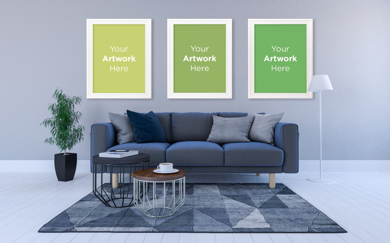 Interno del soggiorno moderno con divano a tre cornici per foto mockup prodotto design mockup