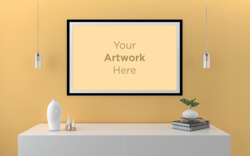 Download Landscape Frame Mockup On Yellow Wall With Cabinet And Hanging Lights Product Mockup