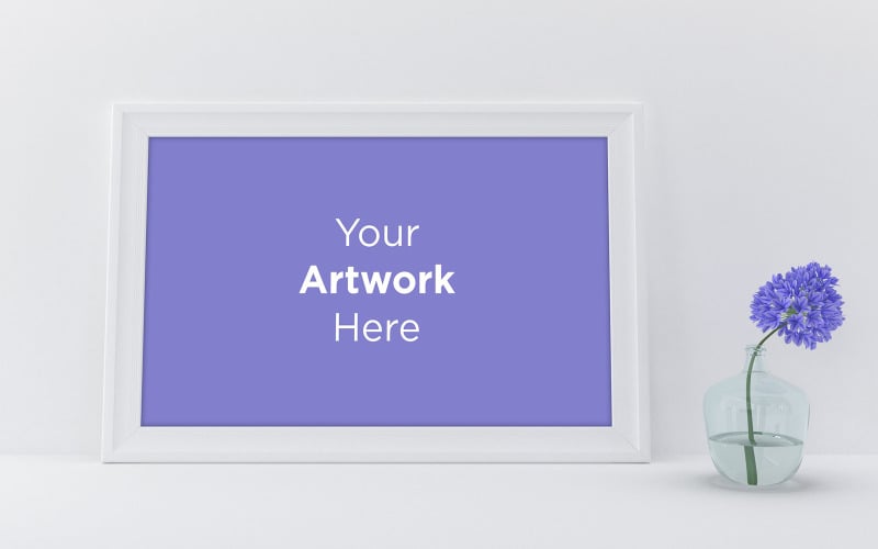 Download Мокап для продукта "Landscape white frame and purple flowers in vase on a shelf or desk product mockup" / Landscape white frame and purple flowers in vase on a shelf or desk product mockup - Мокап для продукта на тему графика livingroom,elegant,concept,up,mock,plant,minimalist,luxury,cozy,lifestyle,wooden,table,room,interior,design,home,living,modern,white,wall