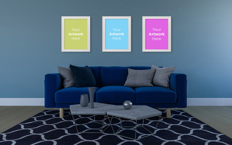 Leere Bilderrahmen minimales Wohnzimmer mit blauem Sofa und Teppichproduktmodell