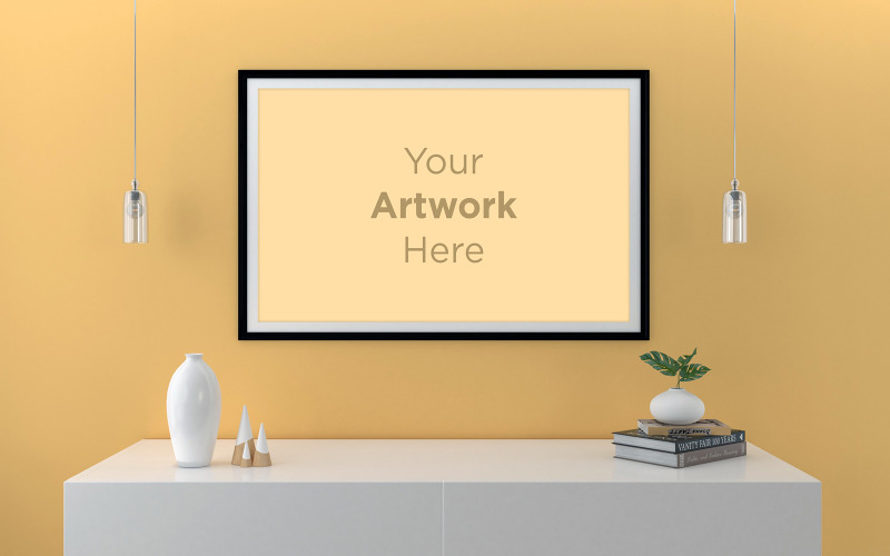 Maqueta de marco de paisaje en pared amarilla con armario y maqueta de producto de luces colgantes