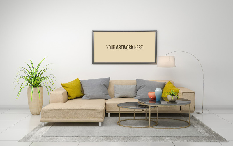 Maquette de cadre photo vide salon moderne avec canapé et maquette de produit de tapis
