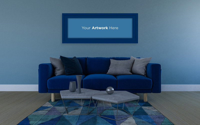 Mavi kanepe ve halı oturma odası iç tasarım ürün mockup ile yatay fotoğraf çerçevesi mockup