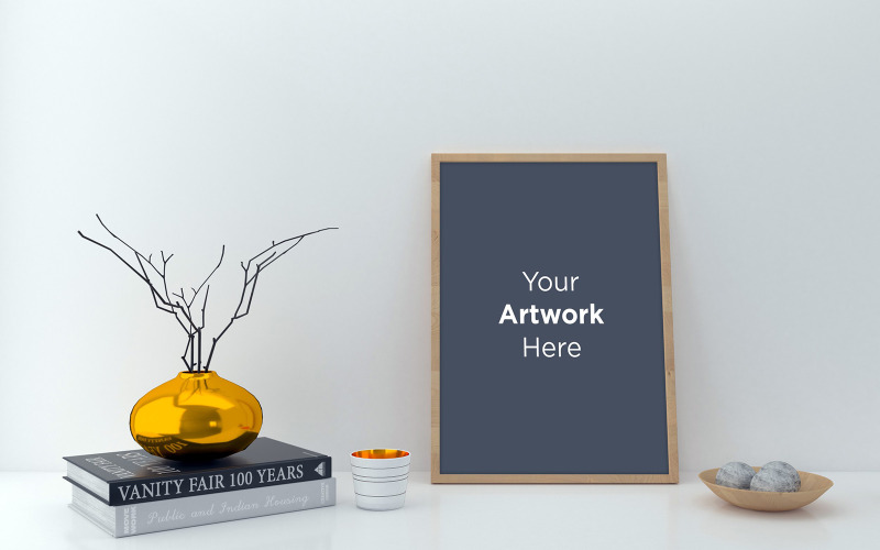 Mockup di cornice in legno vuota con vaso e libri sul mockup del prodotto da tavola