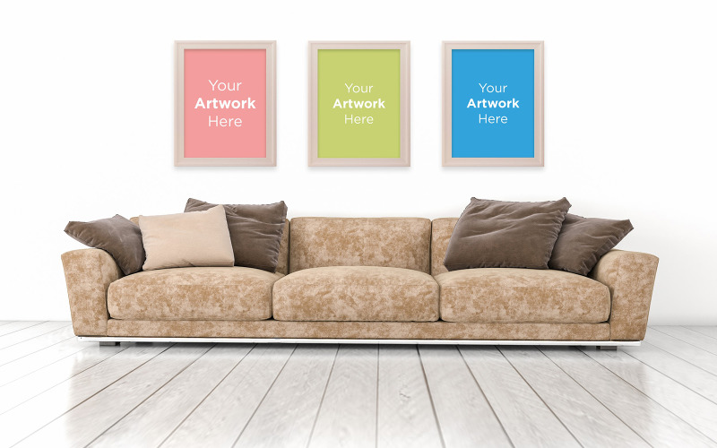 Download Мокап для продукта "Three photo frame mockup with sofa in modern interior product mockup" / Three photo frame mockup with sofa in modern interior product mockup - Мокап для продукта на тему графика couch,sofa,pillows,chair,living room,elegant,concept,green,lounge,up,mock,plant,3d rendering,minimalist,luxury,cozy,lifestyle,wooden,table,room