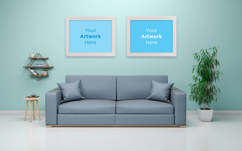 Download Мокап для продукта "Two empty photo frame mockup design interior of modern living room product mockup" / Two empty photo frame mockup design interior of modern living room product mockup - Мокап для продукта на тему графика couch,sofa,pillows,chair,living room,elegant,concept,green,lounge,up,mock,plant,3d rendering,minimalist,luxury,cozy,lifestyle,wooden,table,room