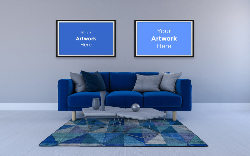 Wohnzimmerinnensofa mit Tischen und leerem Fotorahmenmodell-Designproduktmodell