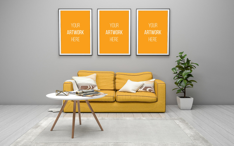 Woonkamer interieur gele bank leeg fotolijstje mockup ontwerp product mockup
