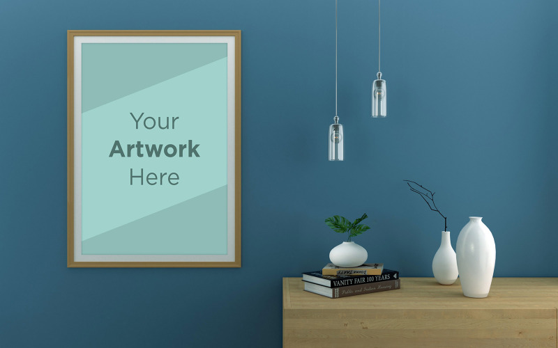 Holzrahmenmodell an der Wand mit hängendem Licht, Dekorationsvasen und Pflanzenproduktmodell