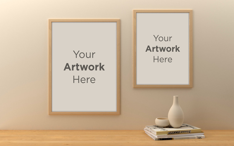 Twee houten frame mockup met vaas en boeken op tafel product mockup
