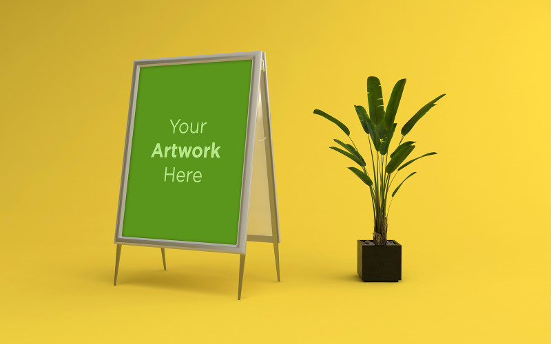 Un tablero de publicidad de stand con maqueta de producto de planta y fondo amarillo