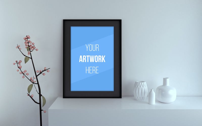 Vertical empty picture frame mockup with vases and plant product mockup