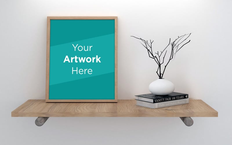 Wooden frame mockup with books and vase laying on shelf product mockup